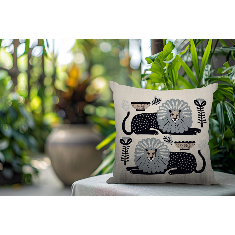 Oreiller carré réversible intérieur / extérieur Chiga Lion, Gris, Carré 15 po