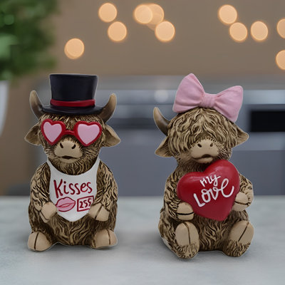 2-PC Set 4.25"H Highland Cow Couple Figurine