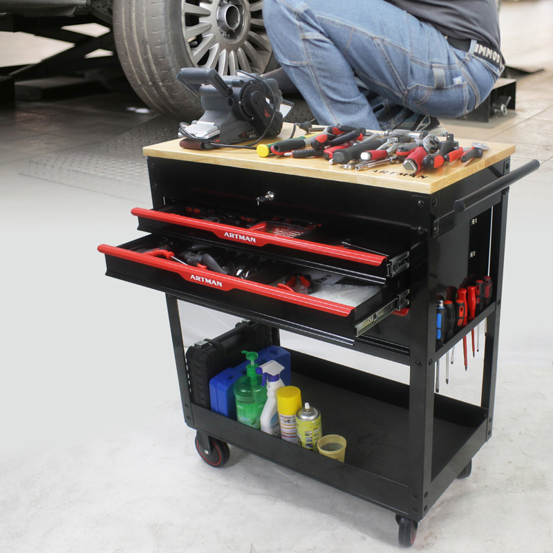 Chariot à outils multifonctionnel à 3 tiroirs avec roulettes et plateau en bois - noir et rouge