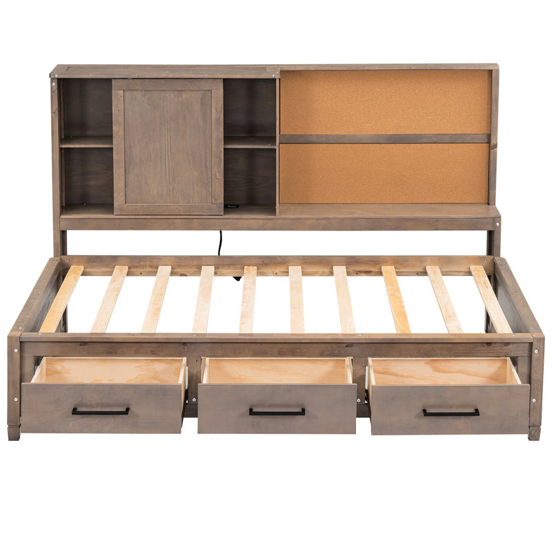 Lit de repos simple en bois antique avec rangement, planche de liège, ports et 3 tiroirs - Pin massif pour tablette de décoration de chambre à coucher