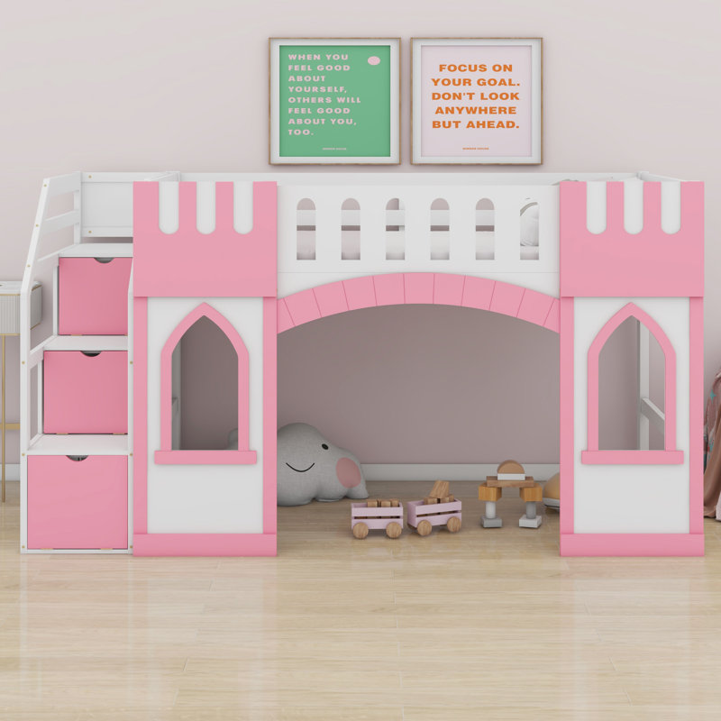 Loft Bed With Storage Staircase And Window, Pink