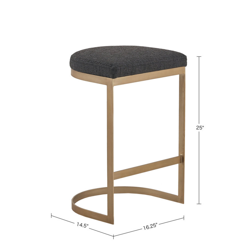 Elegant Counter Stool With Charcoal Upholstered Sitting Area And Antique Gold Metal Foundation, 25" Seat Height, Fully Assembled Backless Base, Put Together