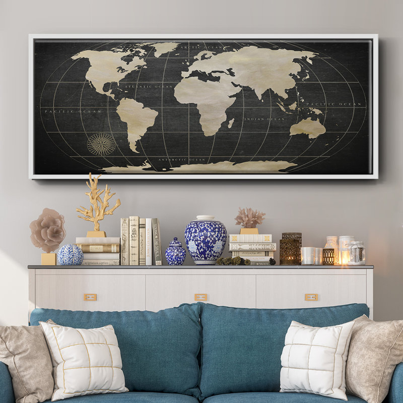 Carte du monde rétro - toile encadrée, H 20 po x l 50 po