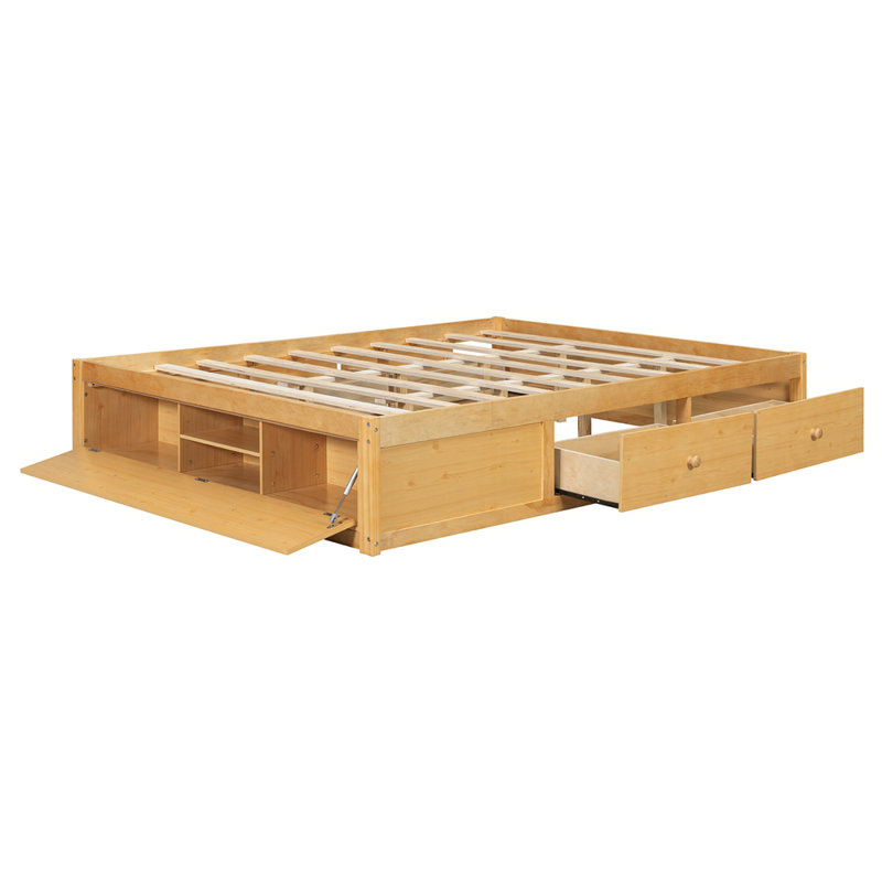 Queen Size Platform Bed Frame with 4 Storage Drawers and Hydraulic Lift Footboard Storage, No Headboard, Modern Space-Saving Design