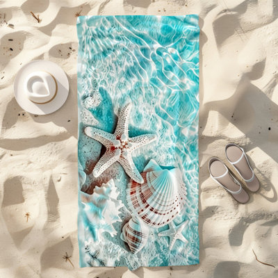 Microfiber Beach Towel Lightweight Travel Towel, Absorbent No Fade,30"x60",White Starfish Conch Shell