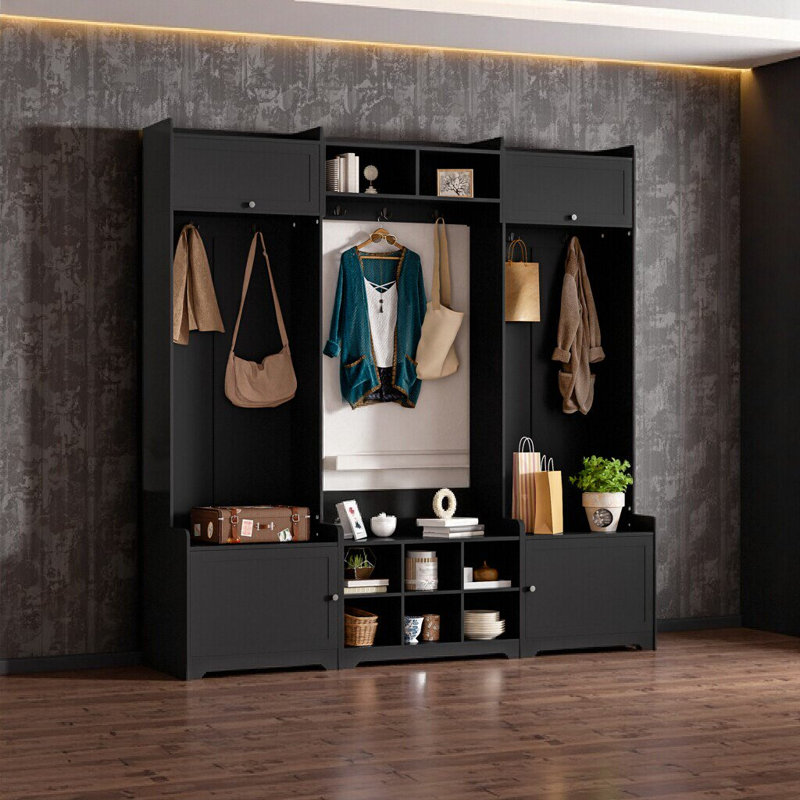 White Modern Hall Tree - 79" Entryway Bench with Shoe Storage & 7 Coat Hooks, Black