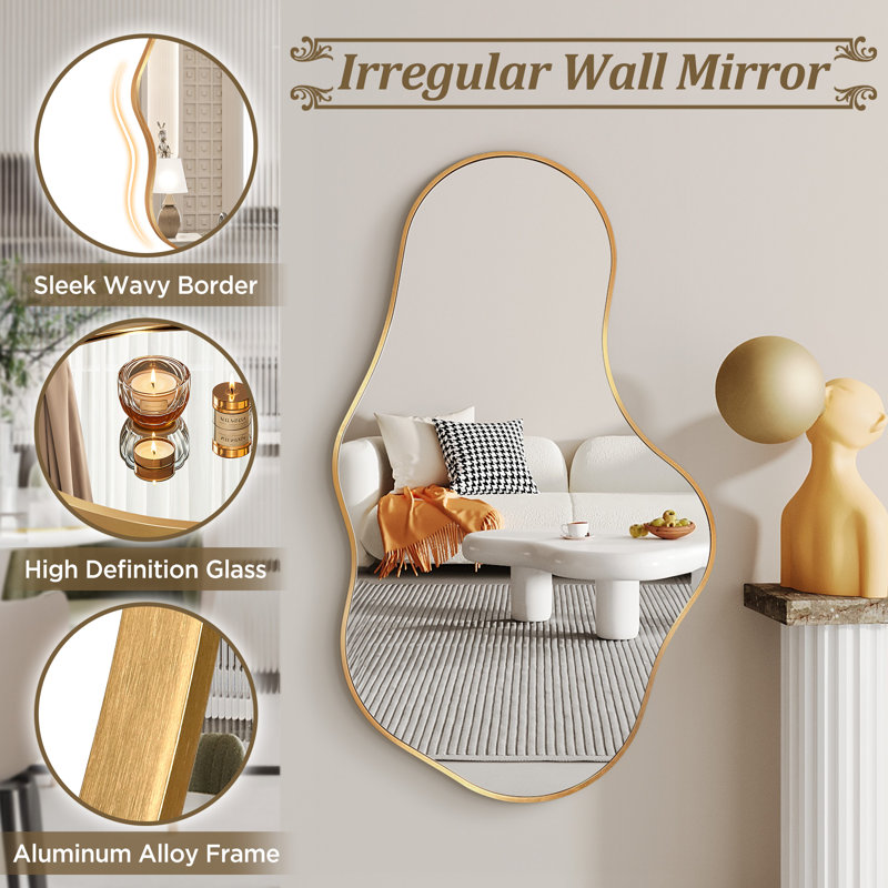 Irregular Wall Mirror, Asymmetrical Bathroom Vanity Mirror with Metal Frame, Modern Decorative Mirror, Gold