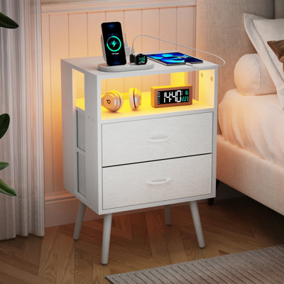 Ensemble de 2 tables de chevet avec station de charge et télécommande télécommandée, tables de chevet blanches, tiroirs en tissu, panneau enduit pour éclairage imperméable facile à nettoyer, blanc, non tissé