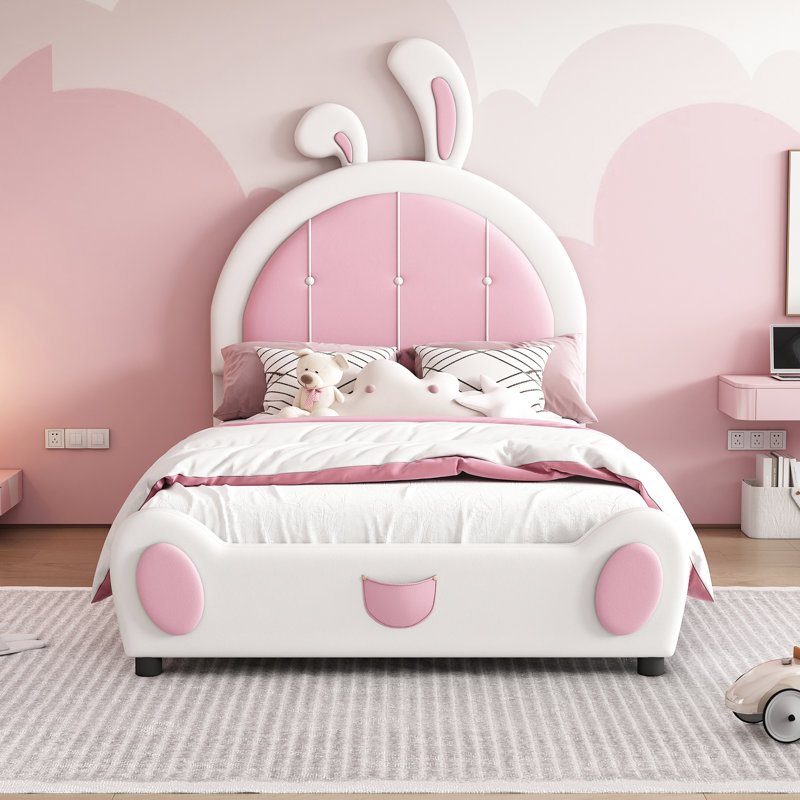 Lit plateforme tapissier avec tête de lit en forme de lapin