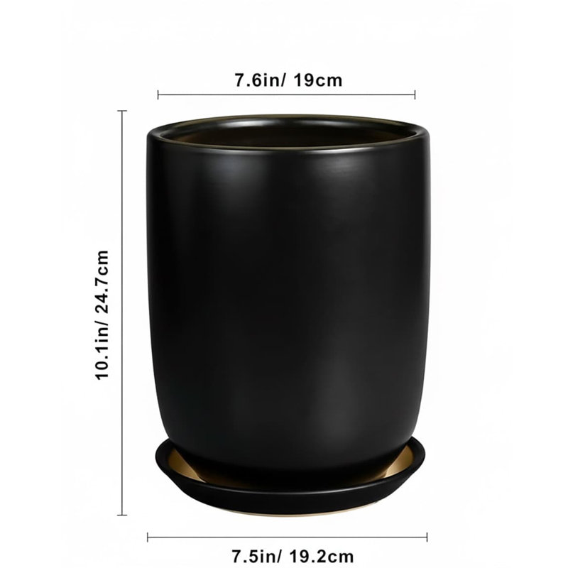 8" Black Ceramic Cylinder Planter (Drainage & Saucer)