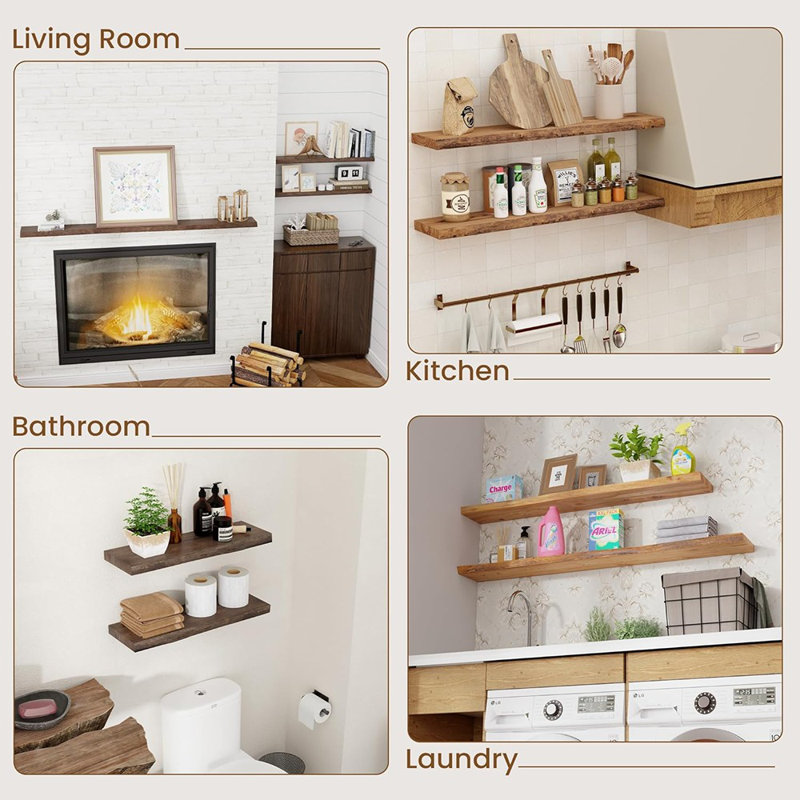 Live Edge Floating Wall Shelves Set Of 2, Solid Elm Wood Rustic Shelves, 24" Natural