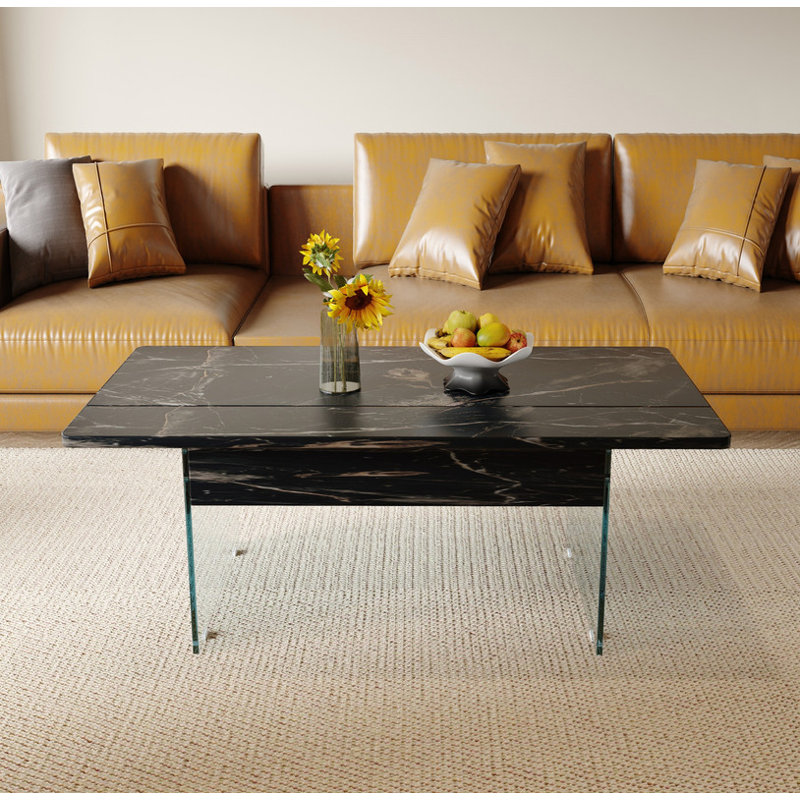 43.3-inch coffee table with height-adjustment function (with storage space) combines rustic style with tempered glass, space-saving design, multiple color options, suitable for living room and office, Natural Wood