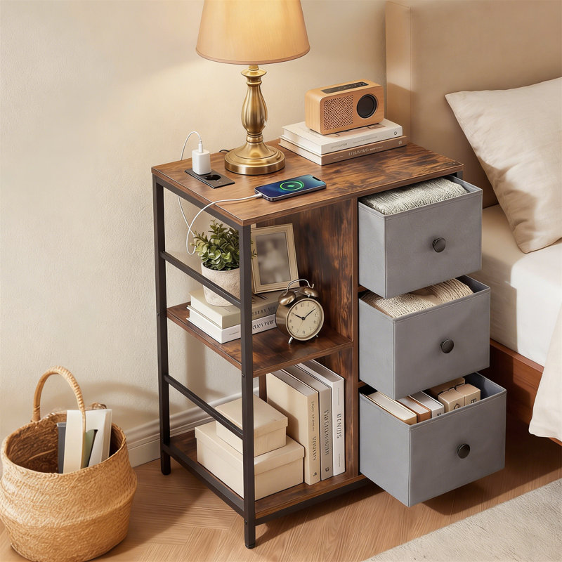 3-Tier Storage Cabinet With Built-In Charging Hub & Open Storage Shelves