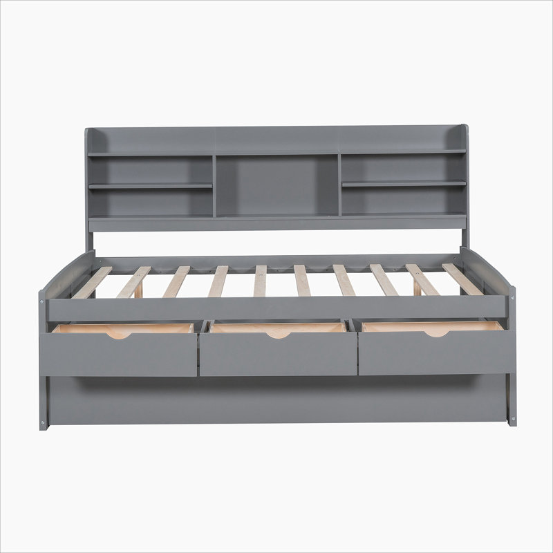 Wooden Captain Bed with Built-in Bookshelves,Storage Drawers and Trundle