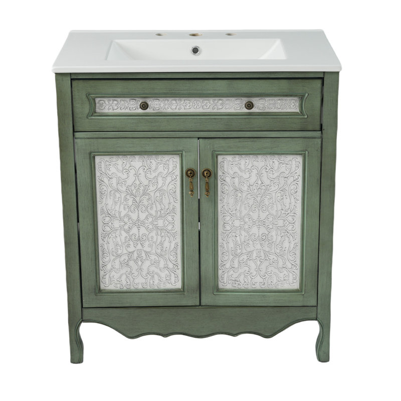 Meuble-lavabo de salle de bain avec lavabo en céramique, 2 portes et tiroir rabattable