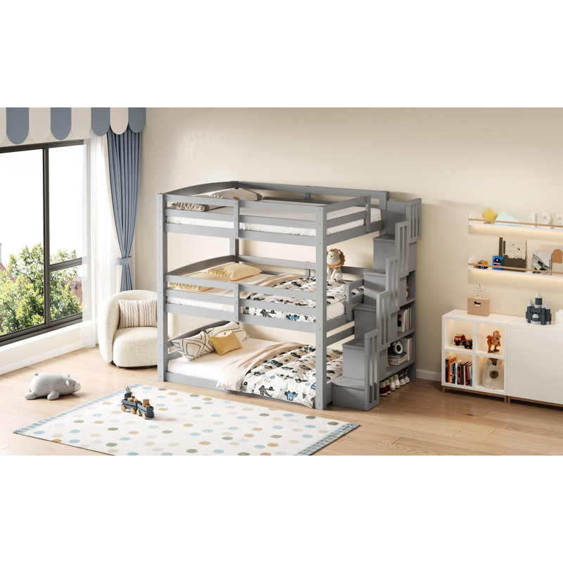 Grey Full Size Triple Bunk Bed Featuring Storage Staircase And Separate Configuration, Pine Construction, Good For 3 Design Staircase, Solid Ideal Guests