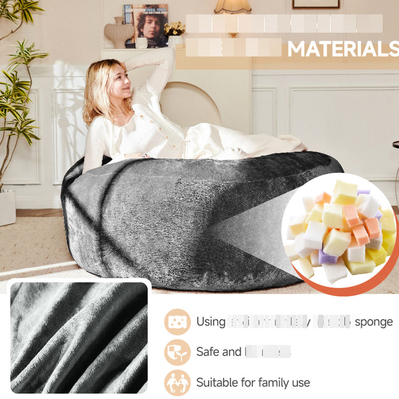 Fauteuil à billes 5 pi avec housse en flanelle, pliable et compact, pour les petits espaces de vie, gris foncé amovible - soulagement, utilisation polyvalente, gris, adolescents