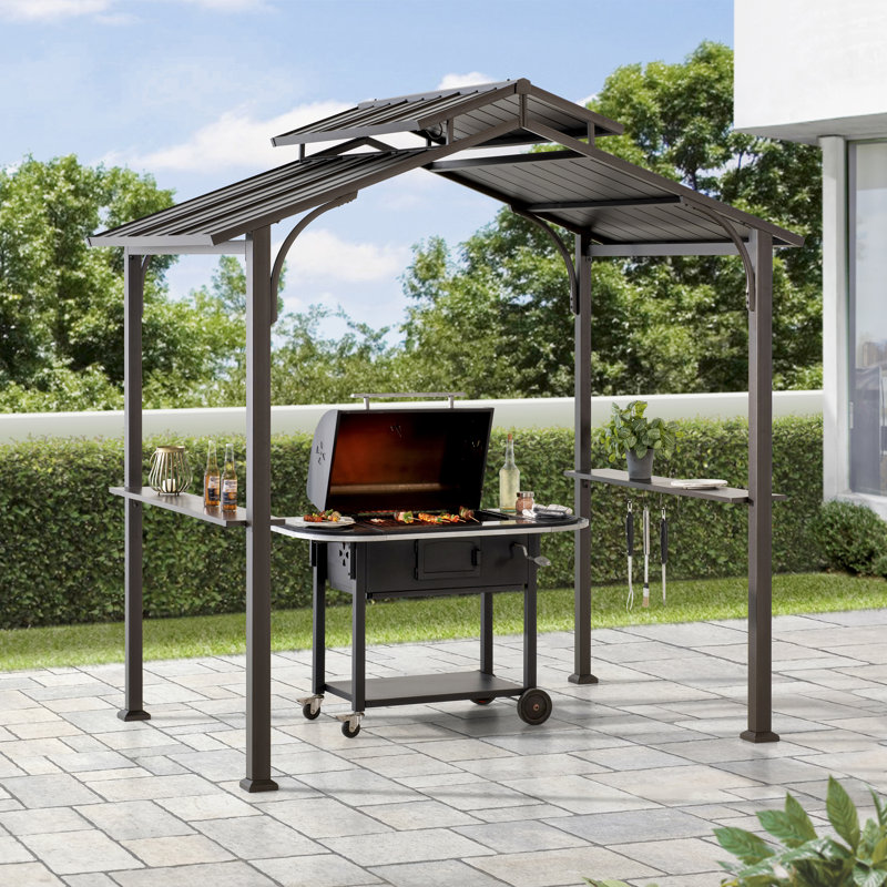 Sunjoy  8 ft. x 5 ft. Steel 2-tier Grill Gazebo Hardtop Brown Steel Frame Gazebo with Ceiling Hook and Shelves