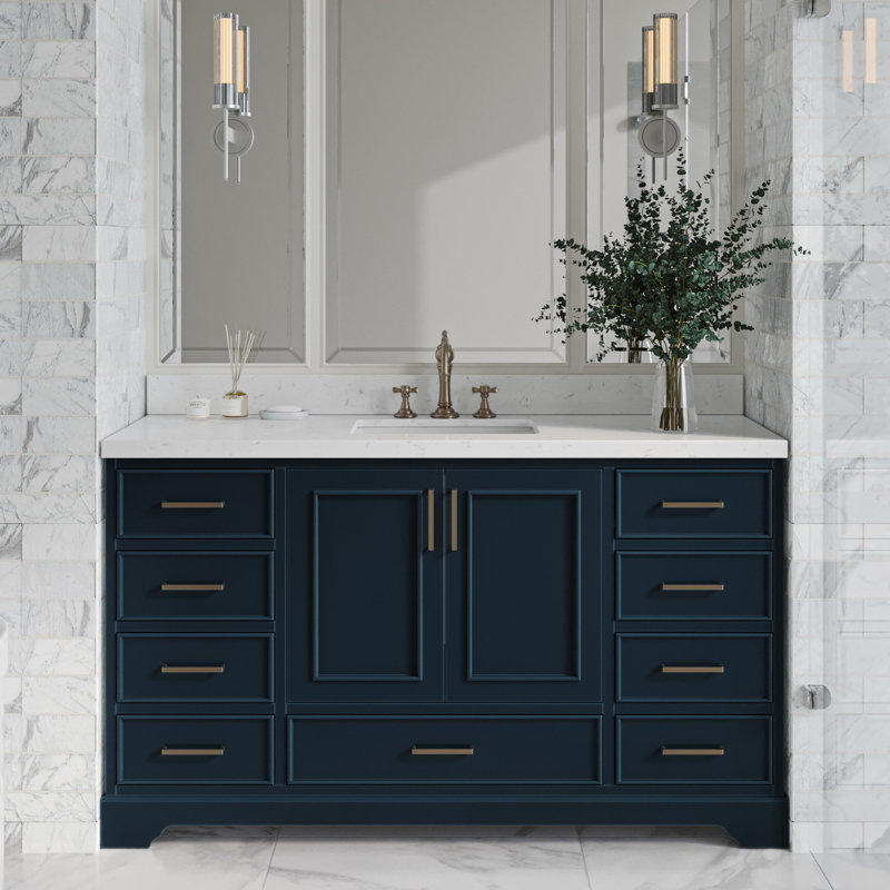 Ensemble de meuble-lavabo simple 60,25 po avec plateau en quartz Abshire, Bleu minuit