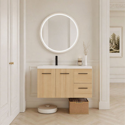 Ensemble de meuble-lavabo flottant mural 36 po avec lavabo 36 po, chêne clair, 2 portes et 2 tiroirs, plateau lavabo en gel, 3 boîtes
