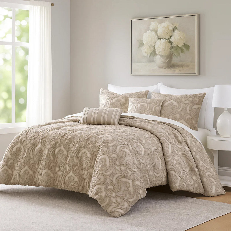 Microfiber 6 Piece Comforter Set, King Comforter + 5 Additional Pieces, Beige