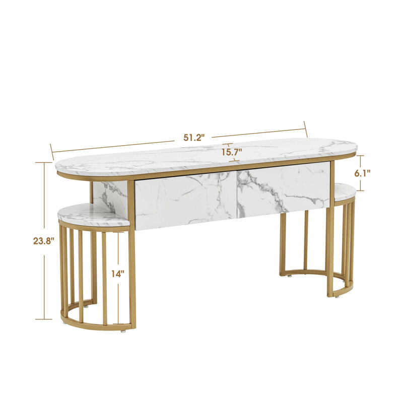 Malyk 51'' Sofa Table,Faux Marble Top Console Table with Gold Metal Frame and Storage Drawers