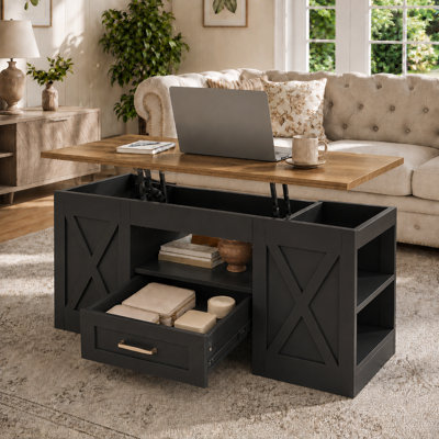 Lift Top Coffee Table, 39.37" Large Wooden Farmhouse Coffee Table With Drawer & Open Storage Shelves, Rectangular Living Room Table, Center Table For Living Room, Home Office, Brown/Black