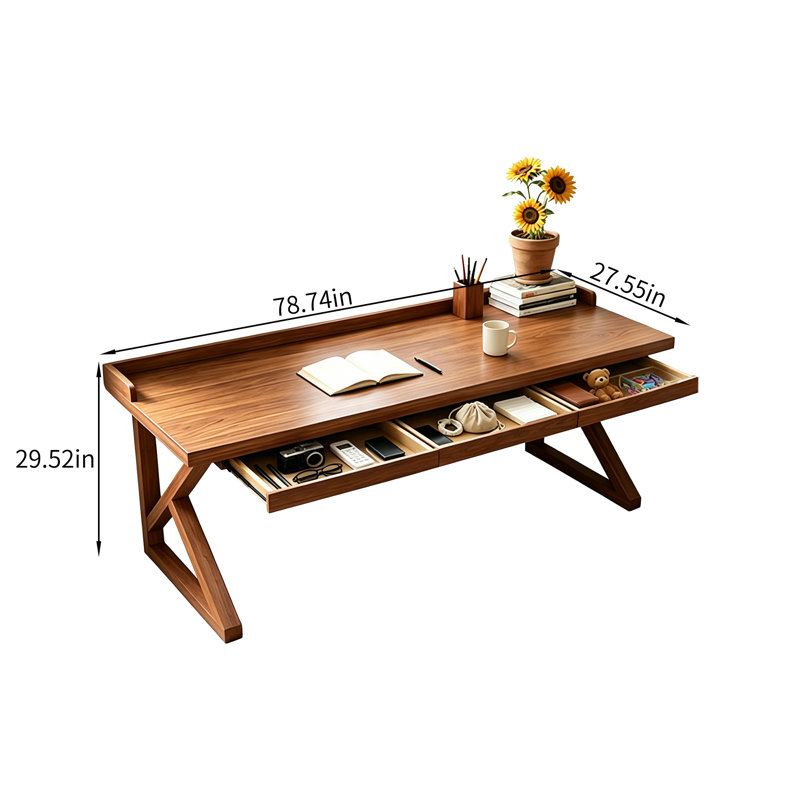 Bureau d'écriture rectangulaire en bois massif rétro brun, 29.52" H x 78.74" W x 27.55" D