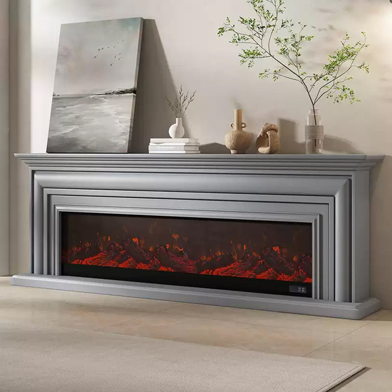 Grey Solid + Manufactured Wood Freestanding TV Cabinet Fireplace, 27.56" H x 78.74" W x 12.99" D, Grey