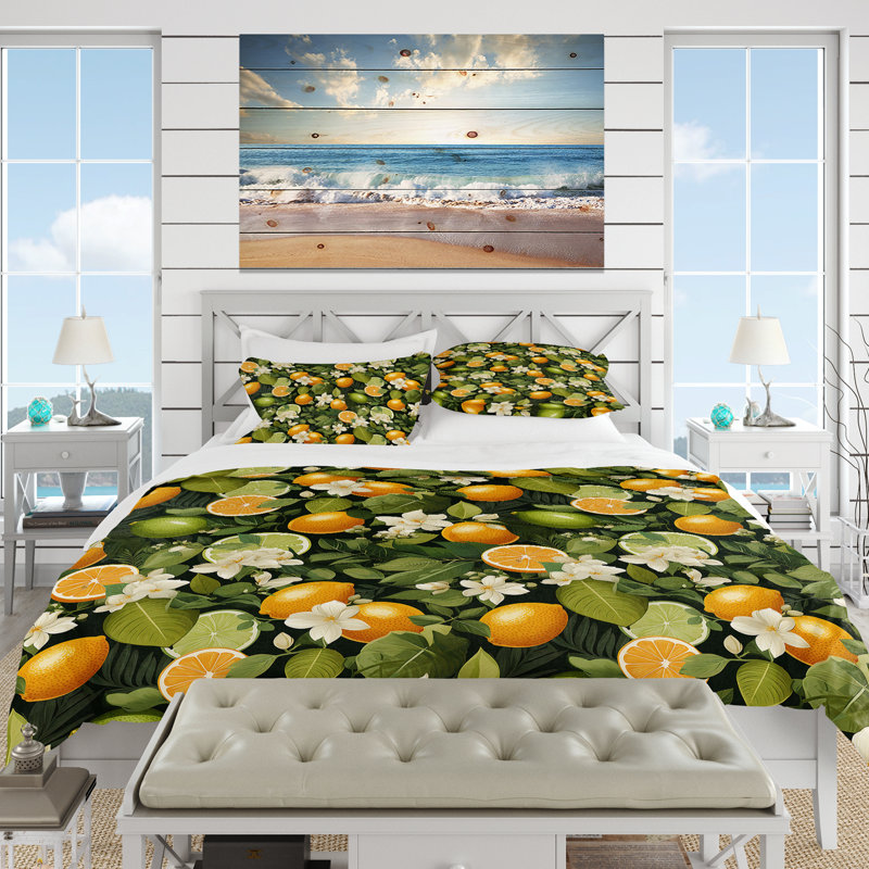 Literie citronnée zeste à motif tropical I, Housse de couette pour très grand lit et 2 très