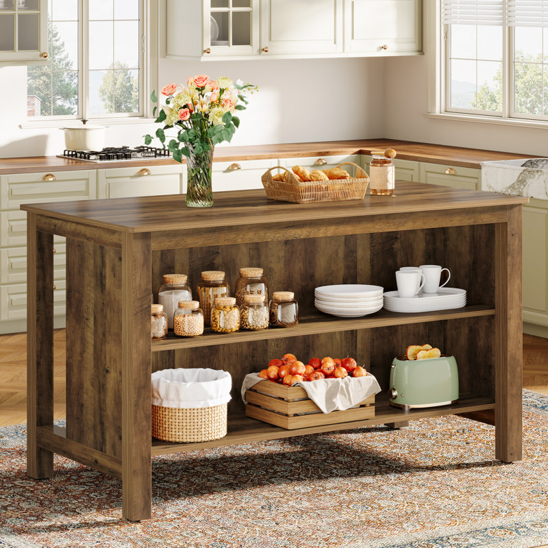 59 Inch Large Kitchen Island Table with 2-Tier Open Storage