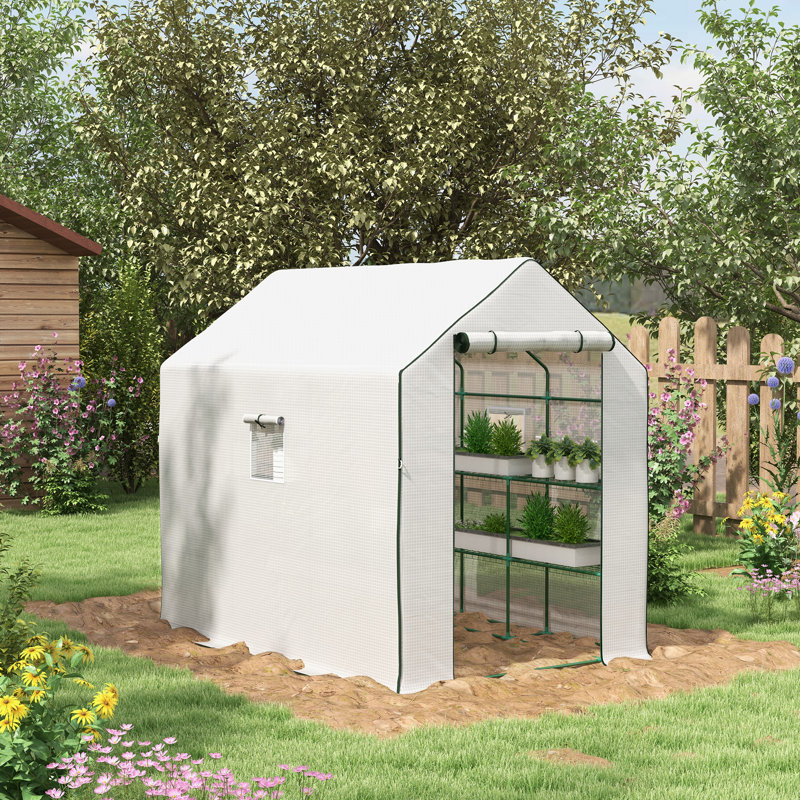 Walk in 213*140*190 cm Steel 1 Piece Walk-in Greenhouse Green with Roll-up Door and Windows, White