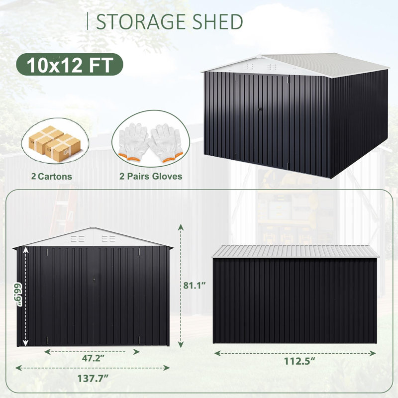 VIWAT Galvanized Steel Outdoor Storage Shed with Lockable Doors and Vents, 12x10 FT