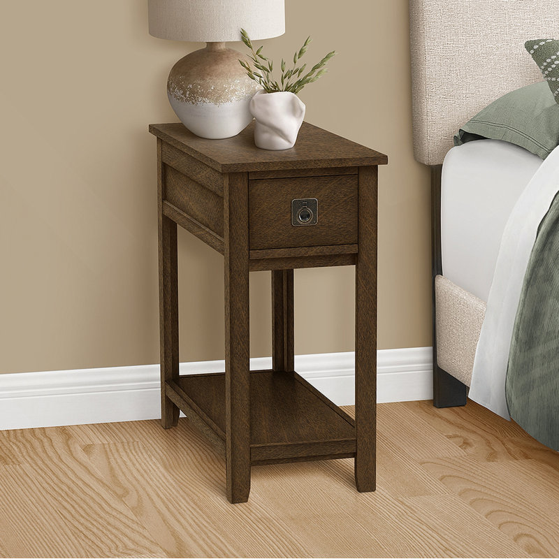 Table d'appoint, table de bout, table d'appoint, table de chevet, chambre à coucher, étroit, tiroir de rangement, placage brun