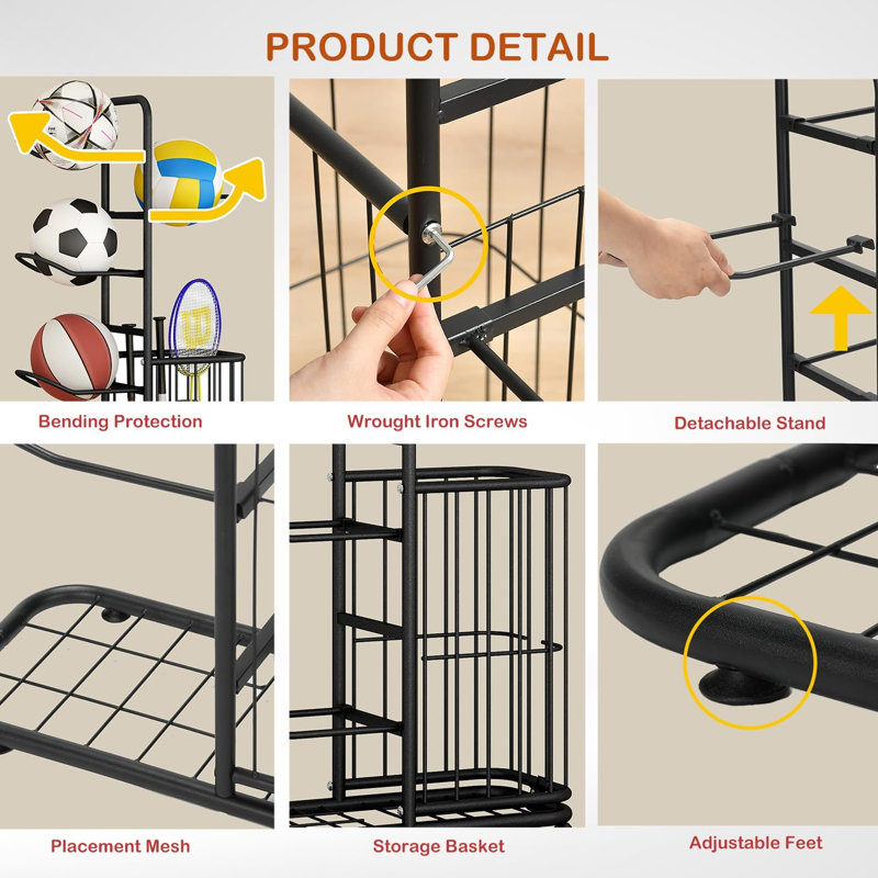 Ball Storage Rack, Football Stand, Sports Equipment Storage For Garage, Basketball Organizer Rack With Basket, Toy/Sports Gear Storage Indoor