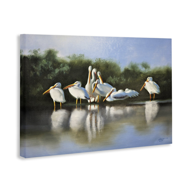 «White Pelicans Flock», art mural sur toile par D. Rust, H 20 po x l 30 po