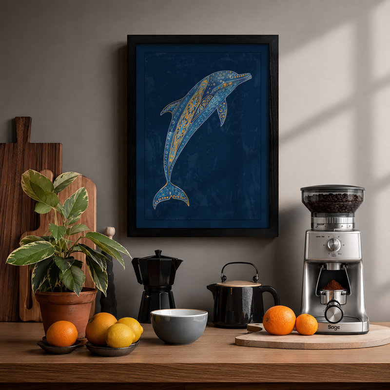 Leaping Dolphin Coastal - Framed Print, Black, A3 - 42.0 x 29.7 cm