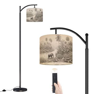Lampe sur pied à arc avec abat-jour réglable éléphant dans la jungle, palmiers exotiques par River Lampad