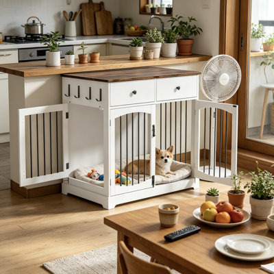 Furniture-Style Dog Crate with Drawers & Hooks, Chew-Proof Wooden Kennel End Table with Double Doors & Storage