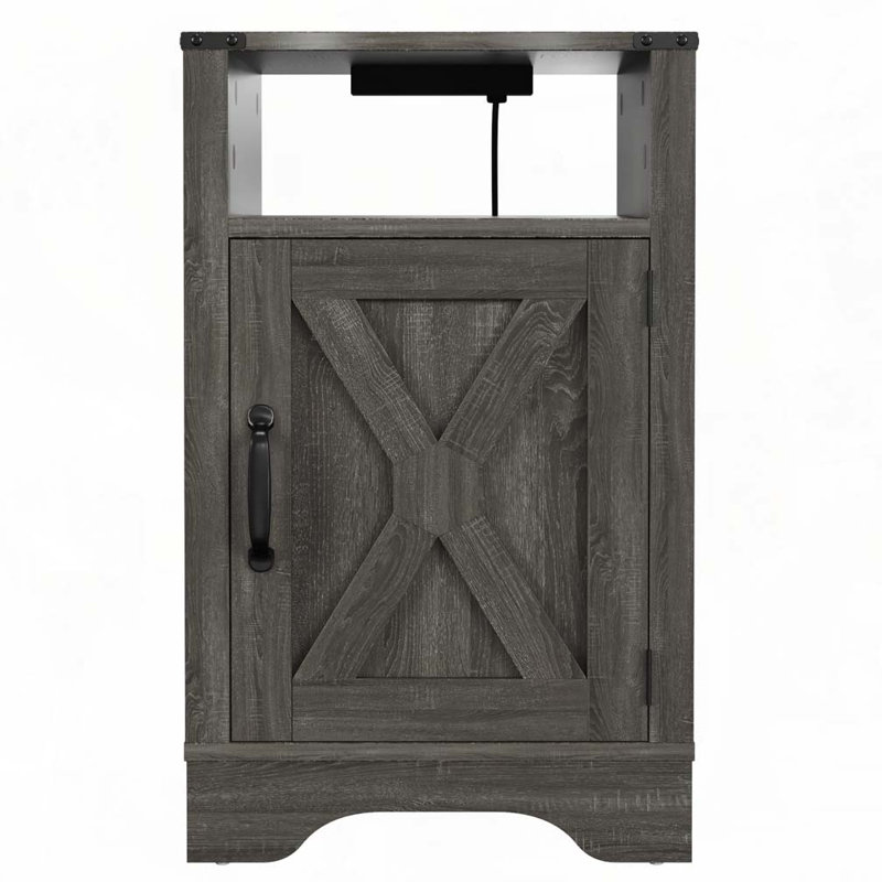 Table de chevet Farmhouse, table de bout rustique en bois, table de chevet haute avec prises de courant, Gris foncé