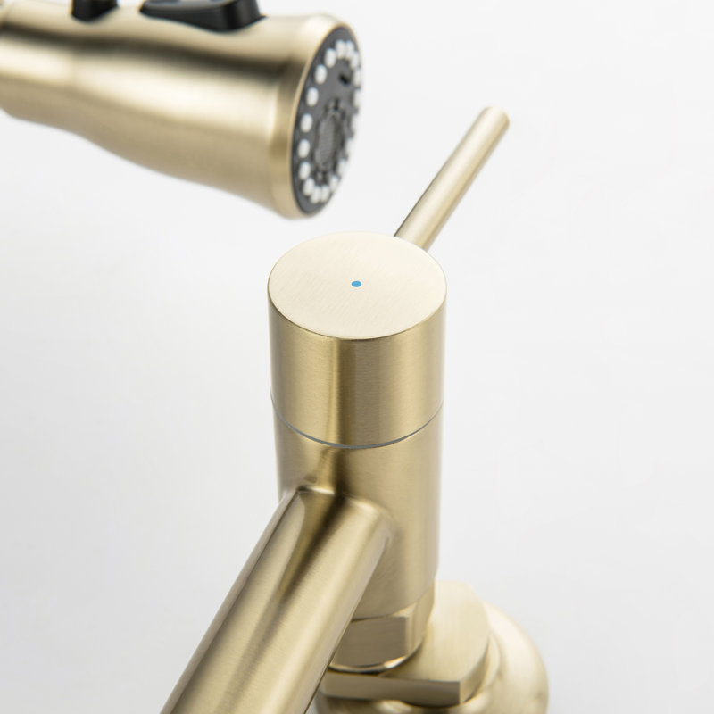 VanityIn Traditional Bridge Kitchen Faucet with Pull‑Down Sprayer, 3‑Function Spray Head, Dual Handles & Wall‑Mount Design