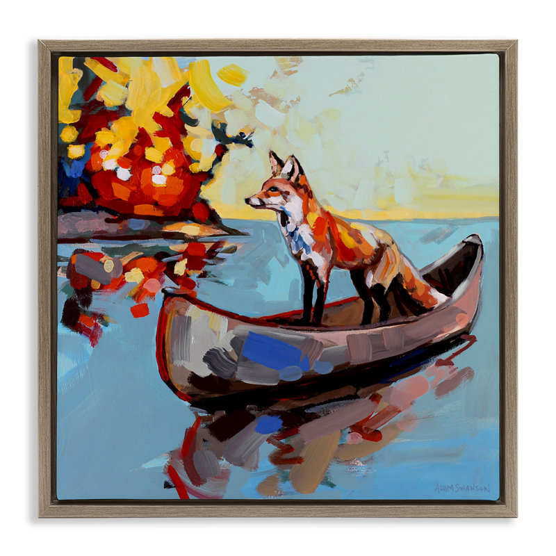 Fox's Voyage on Canoe Floating Frame, design par Adam Swanson, H 25 po x l 25 po, Cadre flottant orme Montalcino