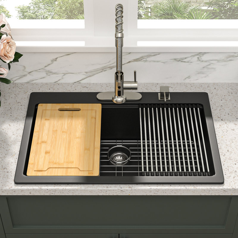33" L x 22" W Granite Composite Drop-In Kitchen Sink Single Bowl Quartz Workstation Sink with Accessories, Black