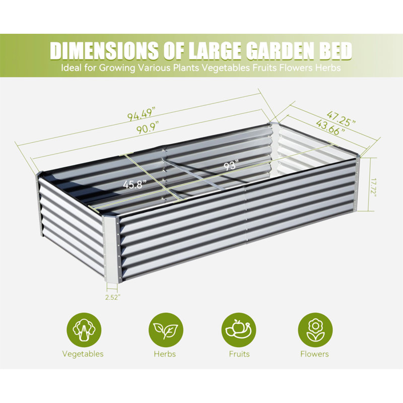 Lit de jardin surélevé galvanisé 8X4X1.5 Ft, Argent argent