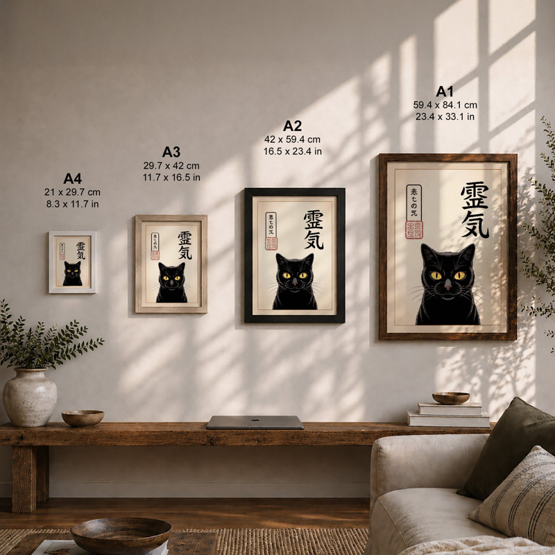 Black Cat with Yellow Eyes Japandi - Framed Print, A4 - 29.7 x 21.0 cm, Black
