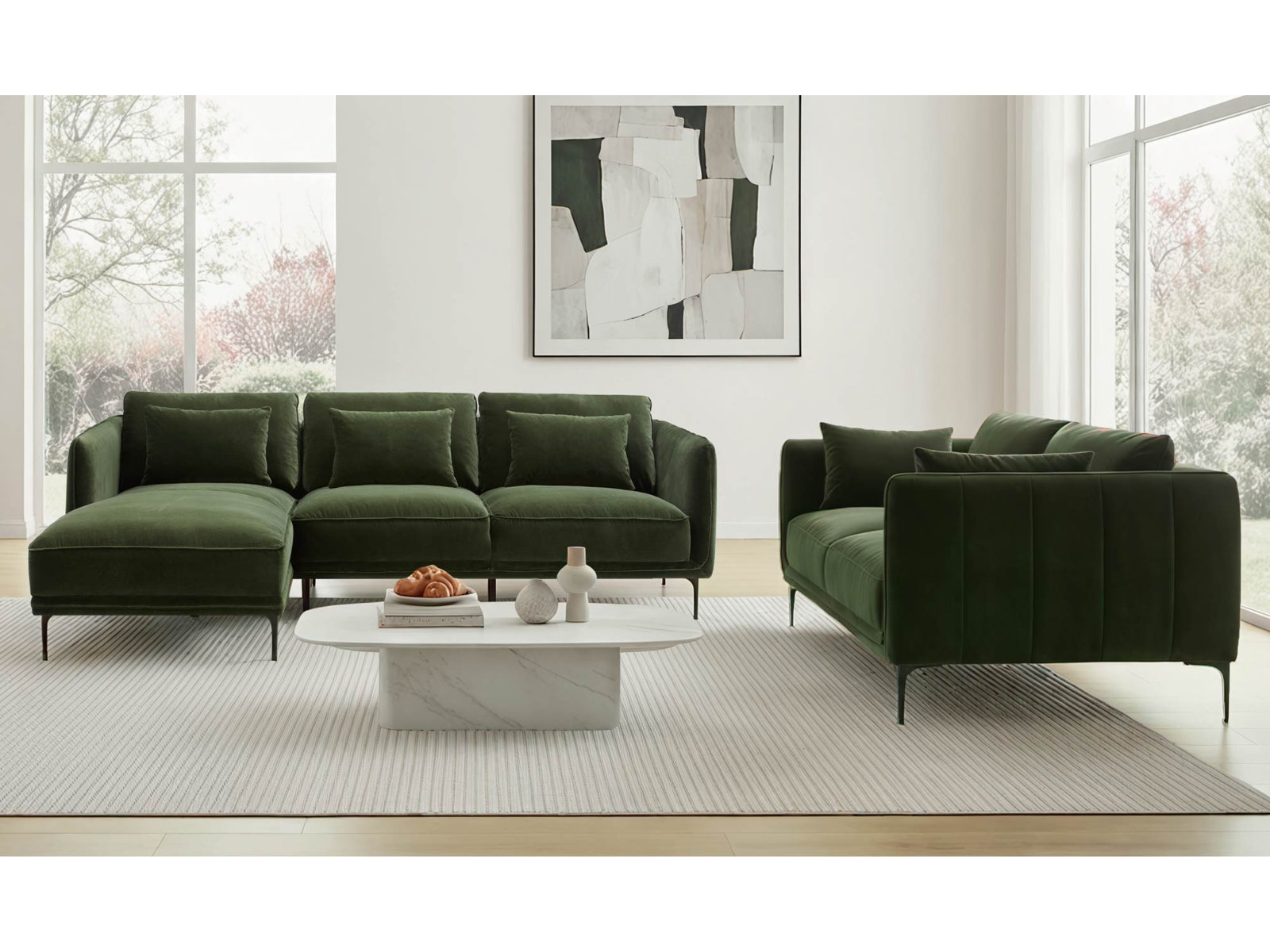 Rae 3-Piece Velvet Living Room Set, Left Hand Facing, Military Green