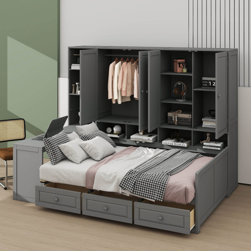 Lit de jour en bois avec trois tiroirs, rangement combiné, bureau et système d'étagères, gris, Double