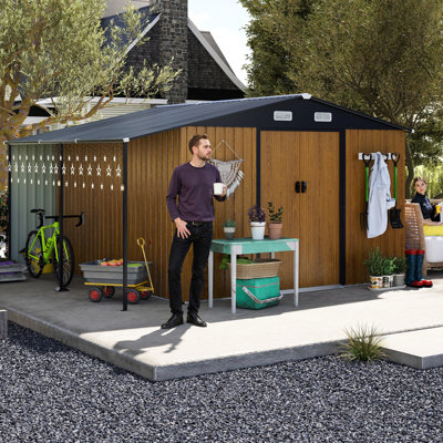 Remise de rangement extérieure en métal jaune 10 x 12 pi avec portes verrouillables, double zone pour un maximum d'articles saisonniers, portes et rampe coulissantes lisses, intempéries