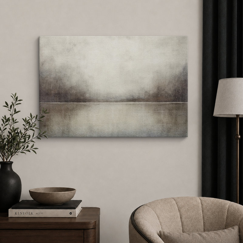 Tableau représentant un paysage de lac gris brumeux, idéal pour le salon, impression giclée sur toile encadrée, Toile tendue
