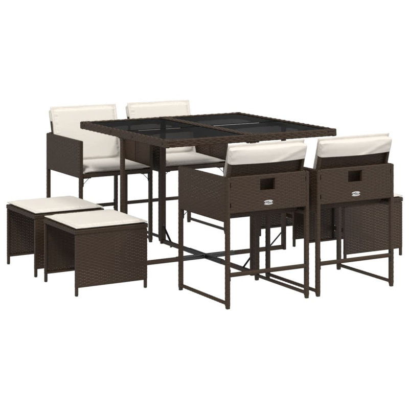 Ensemble repas 9 pièces avec coussins en rotin gris Hokku Designs, Beige, Brun